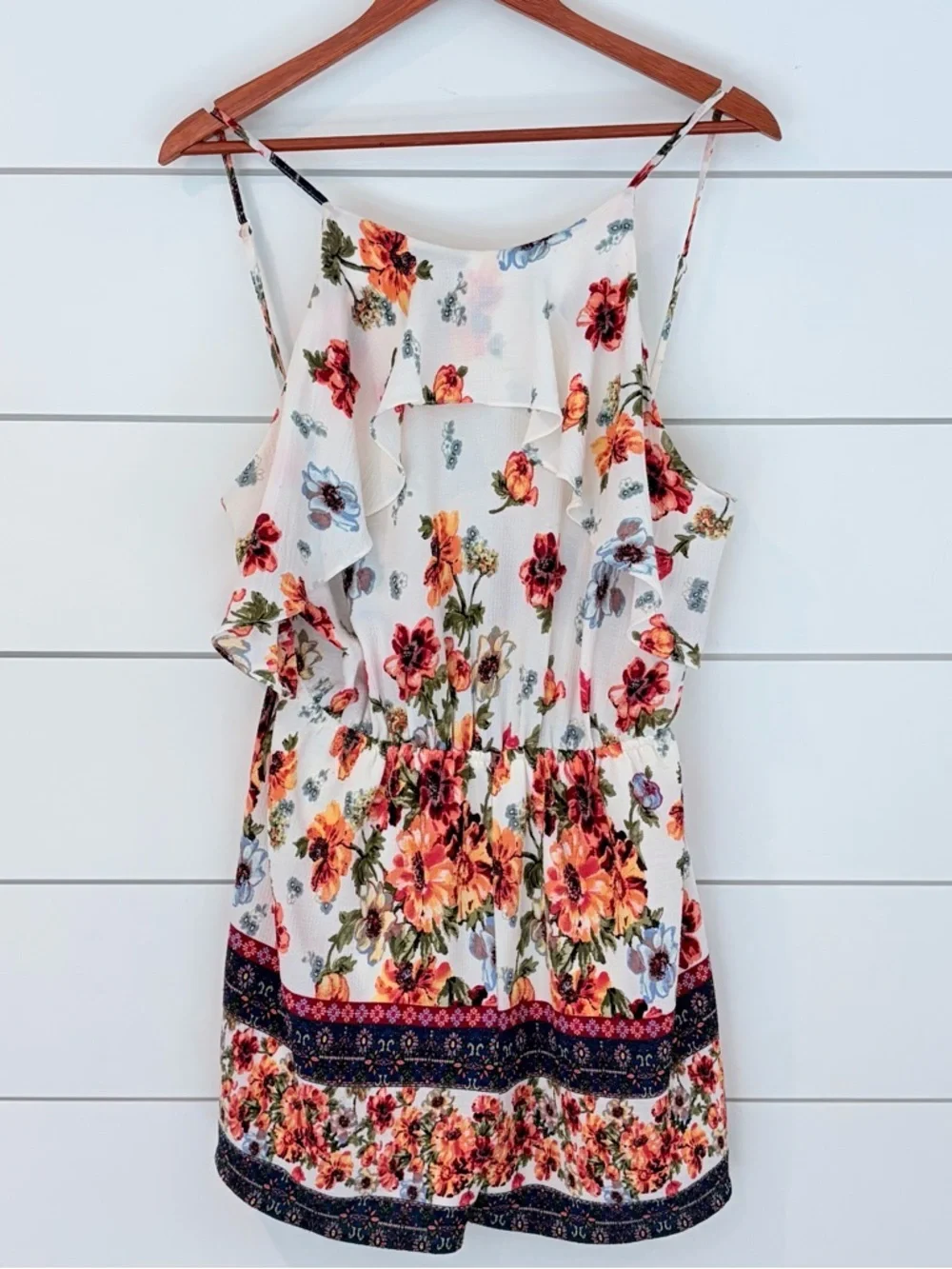 Blue Rain Floral Ruffle Romper Boho Cottagecore Tie Back Prairie Girl Summer M